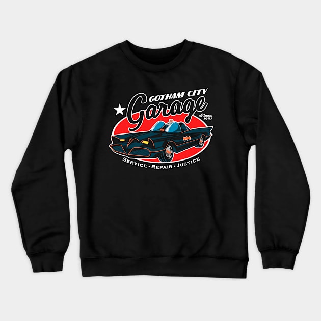 Gotham Garage (Black Print) Crewneck Sweatshirt by Nerdology